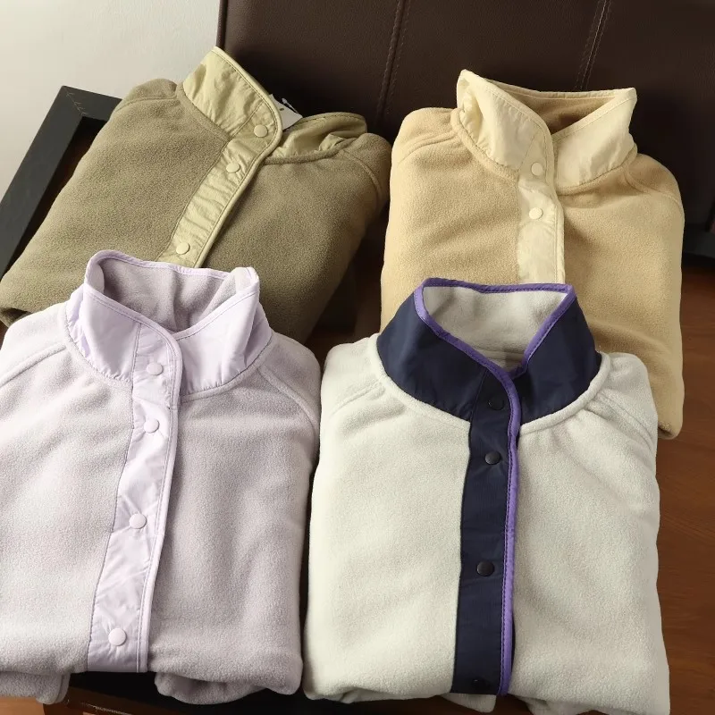 

Женское флисовое пальто с воротником-стойкой, теплая куртка с длинными рукавами и цветными блоками, легкая однобортная повседневная свободная верхняя одежда