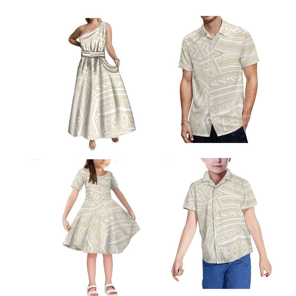 Quality Fabric Custom Wholesale Home Set Banquet Dress Polynesian Style Art Print Mom Daughter Dress Dad Son Shirt Elegant Dress