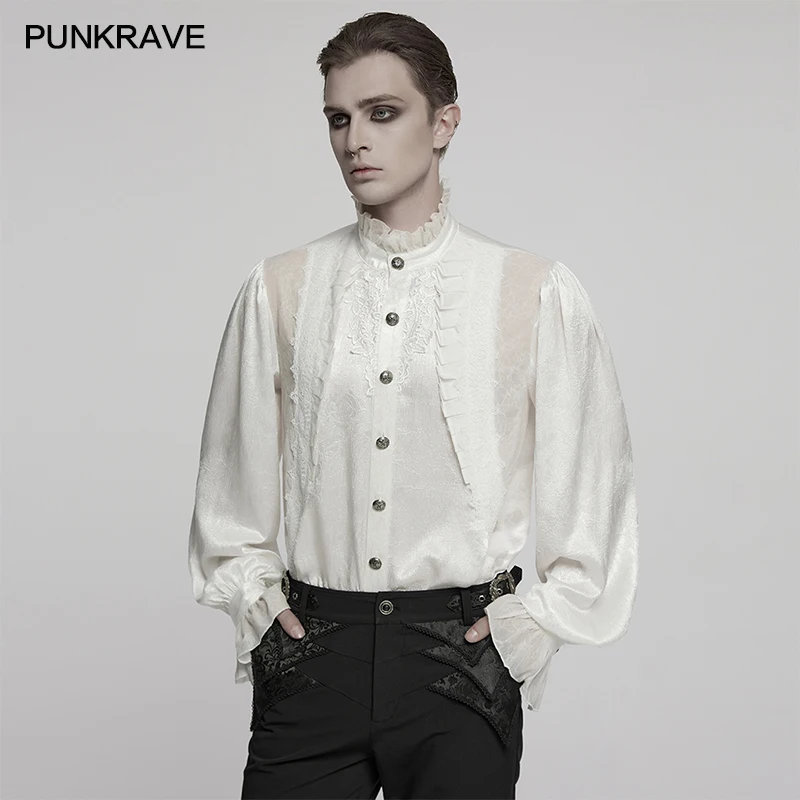 PUNK RAVE Men's Gothic Dark Rose Patterned Glamorous Shirt Beauty Patchwork Laces Bubble Texture Party Elegant Tops Men Clothing