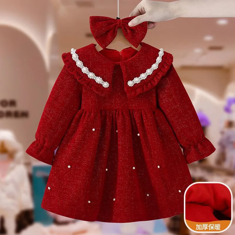 

Children's Velvet Thick Princess Dress New Year's Dress 80-150cm Girls' Red Dress Autumn/Winter New Collection