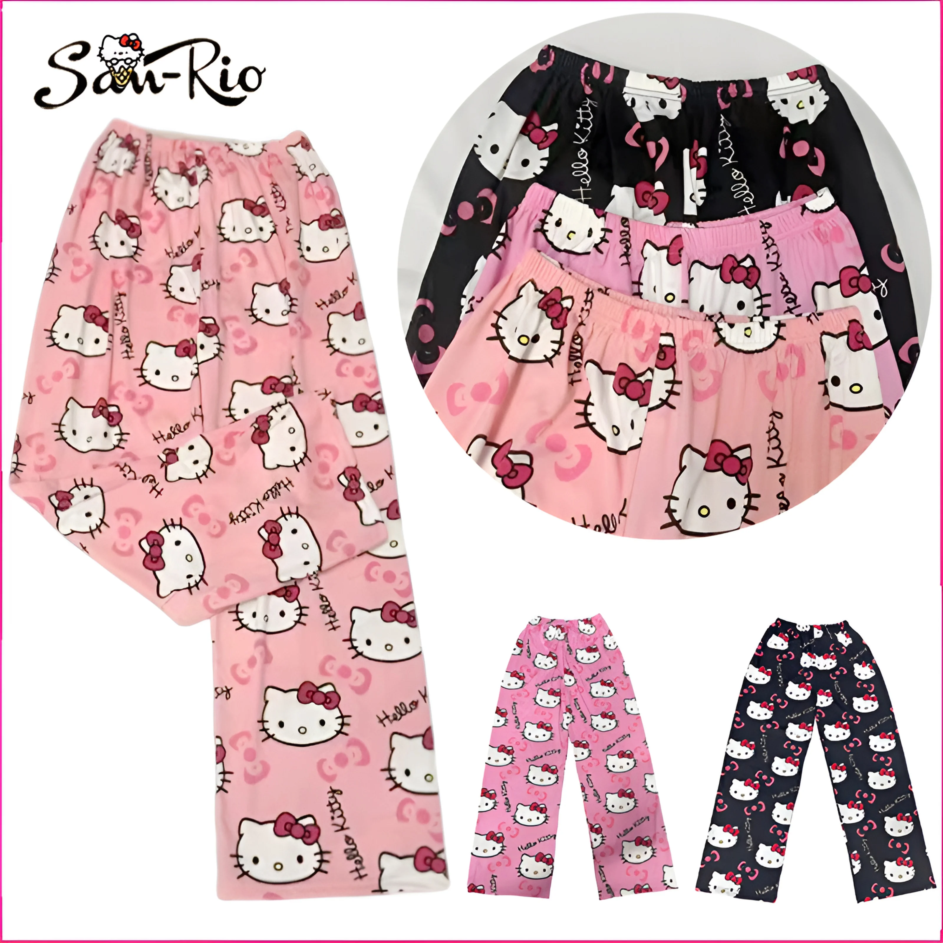 Sanrio Hello Kitty Trousers Thin Style Polyester Sleep Bottoms Lounge Wear Men and Women's Loose Home Pants Ladies Pajama Pants