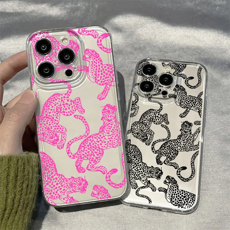 Black And Pink Leopard Print For Realme10 9 C30 53 63 Narzo50 Find X5 Reno 12 11 10 8 7 6 Pro Plus Transparent Space Phone Case