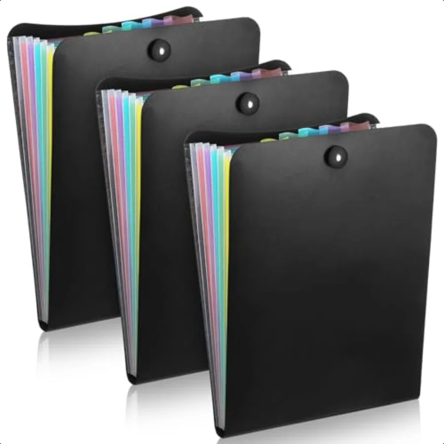 

3 Pack Black Vertical File Folder Expanding Folder with 7 Pockets File Organizer Letter Size Portable Document Holder for Offic