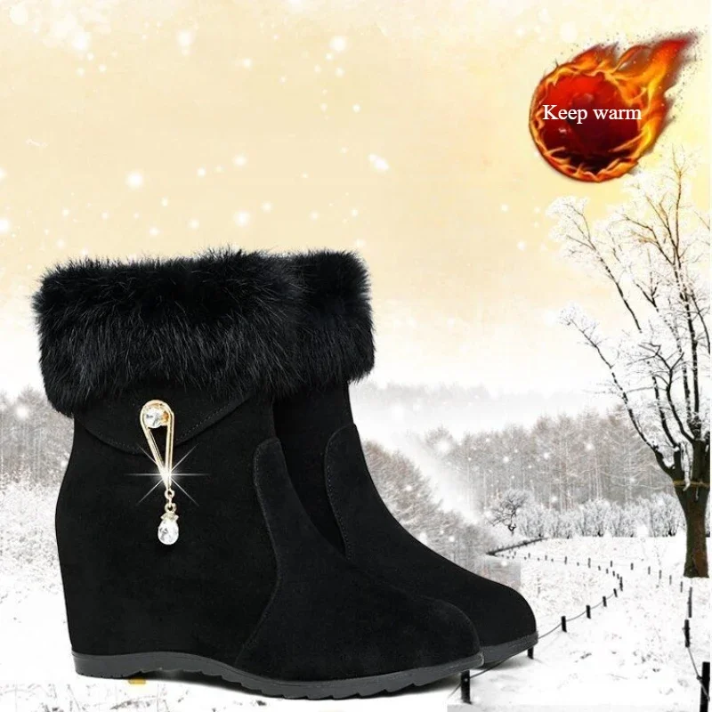 Winter frauen Keil Stiefeletten Lncrease Höhe Frauen Pumpen Metall Strass Plattform Schuhe Plüsch Frauen Stiefel Bequeme Botas