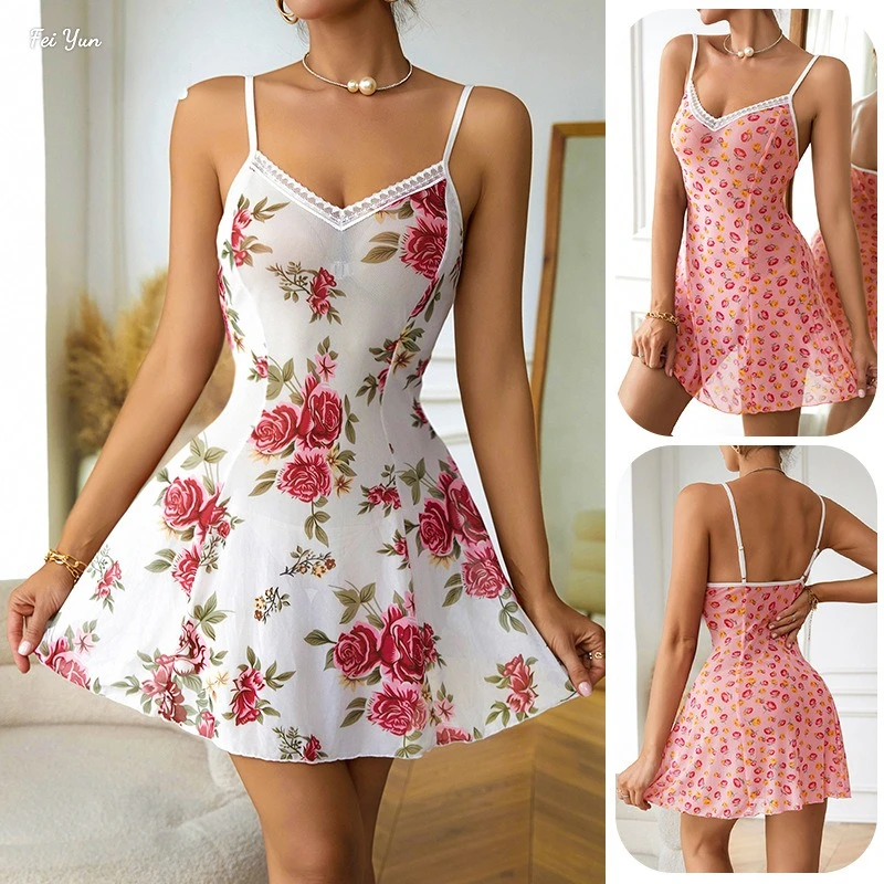 

Women Pajamas Dress Suspenders Print Nightdresses with Sexy Lace Seduction Loungewear Romantic Women Nightwear Large Size Sleev