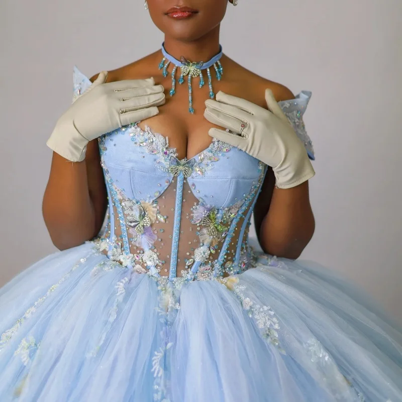 

Light Blue Quinceanera Dresses Off the Shoulder Glitter Flower Decal Layering Long tail Bow Vestido e 15 Quinceanera Customize