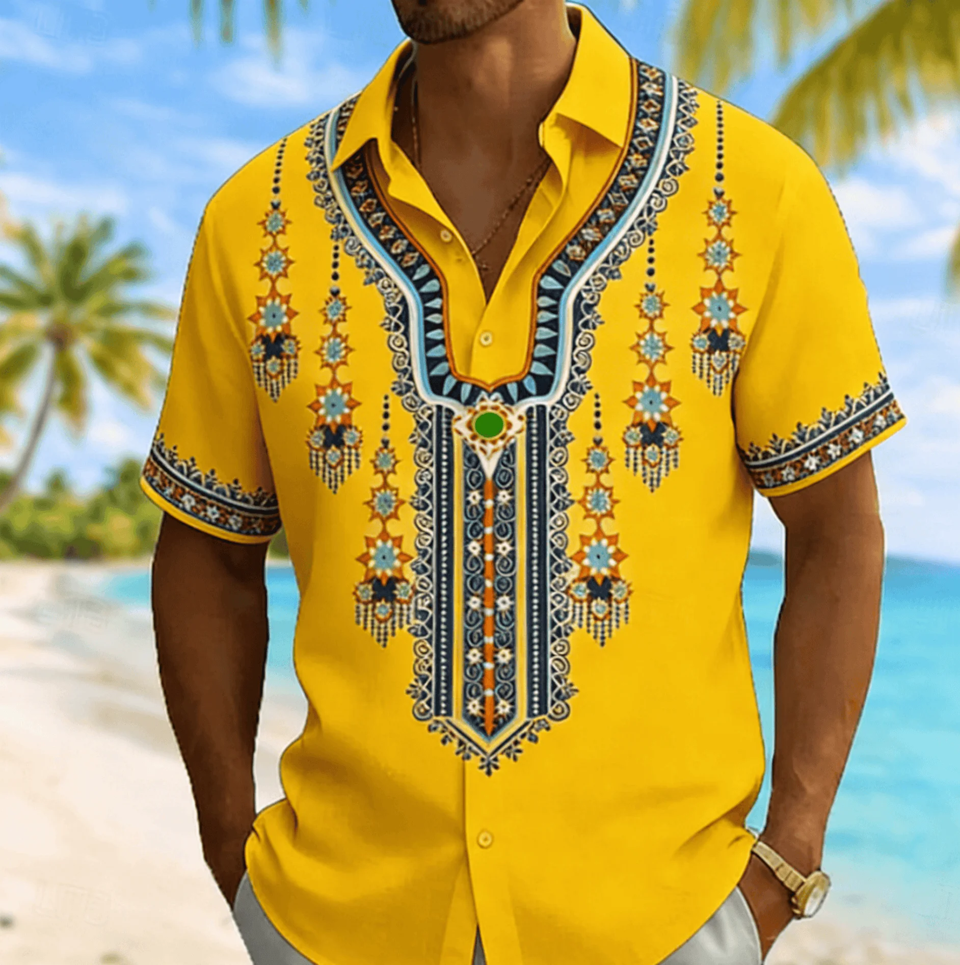 Men's Ethnic Tribal Print Short Sleeve Shirt, Spring Summer Casual Vacation Turn-Down Collar Blouse, Loose Fit Top