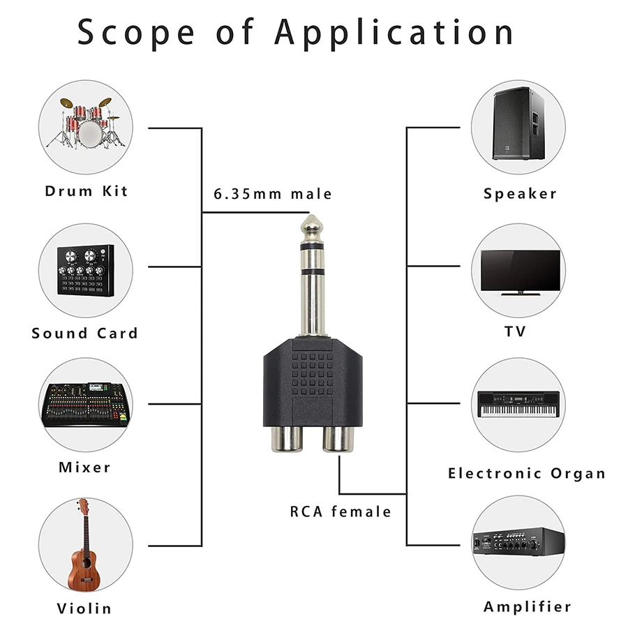 2PCS 6.35mm TRS Stereo Jack 2RCA Female Audio Adapter 6.5 TS Mono 1/4 Inch Male To TWO RCA Splitter for Mixer Amplifier Speaker