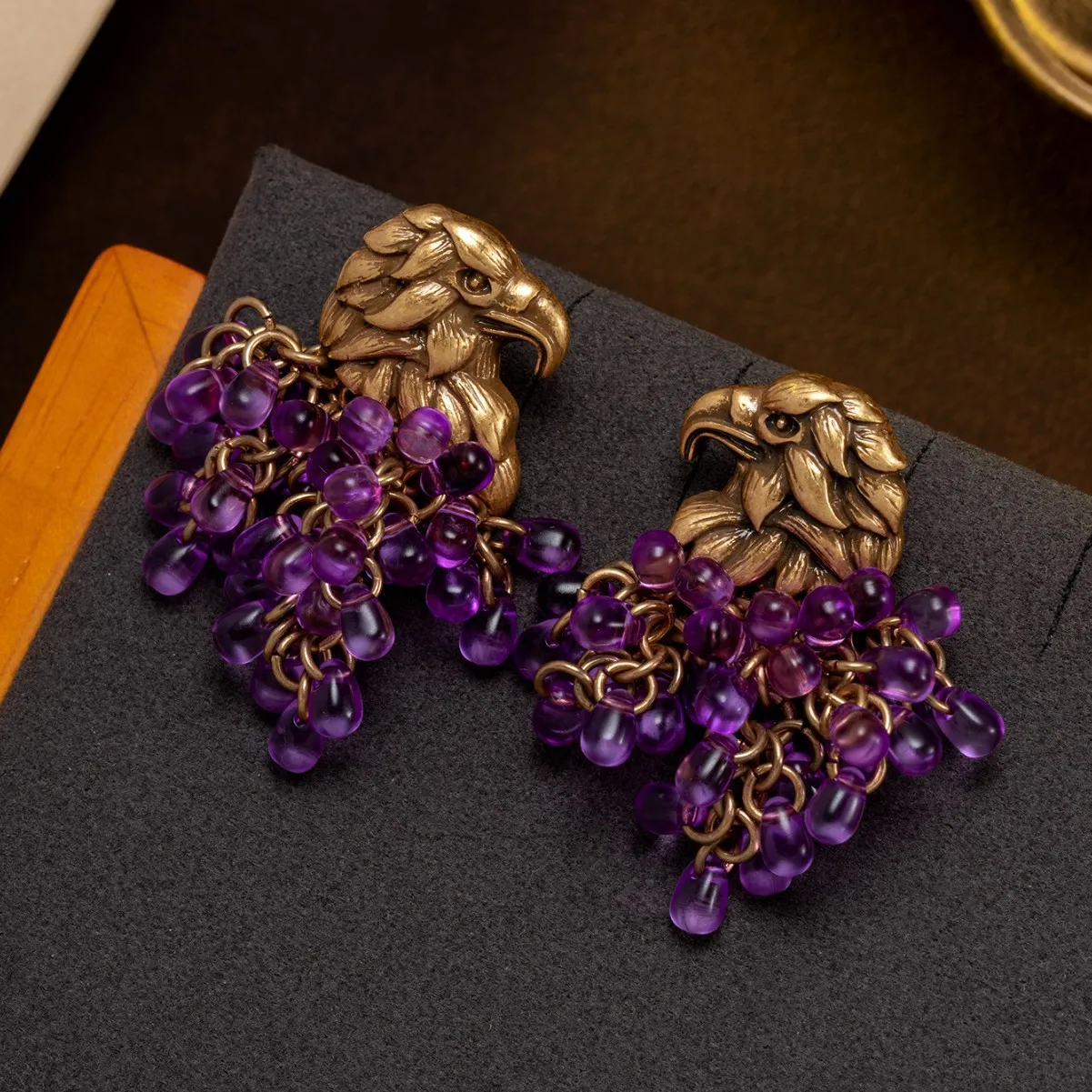 vintage eagle stud earrings purple grape rhinestone earrings flower crystal gem beaded earrings