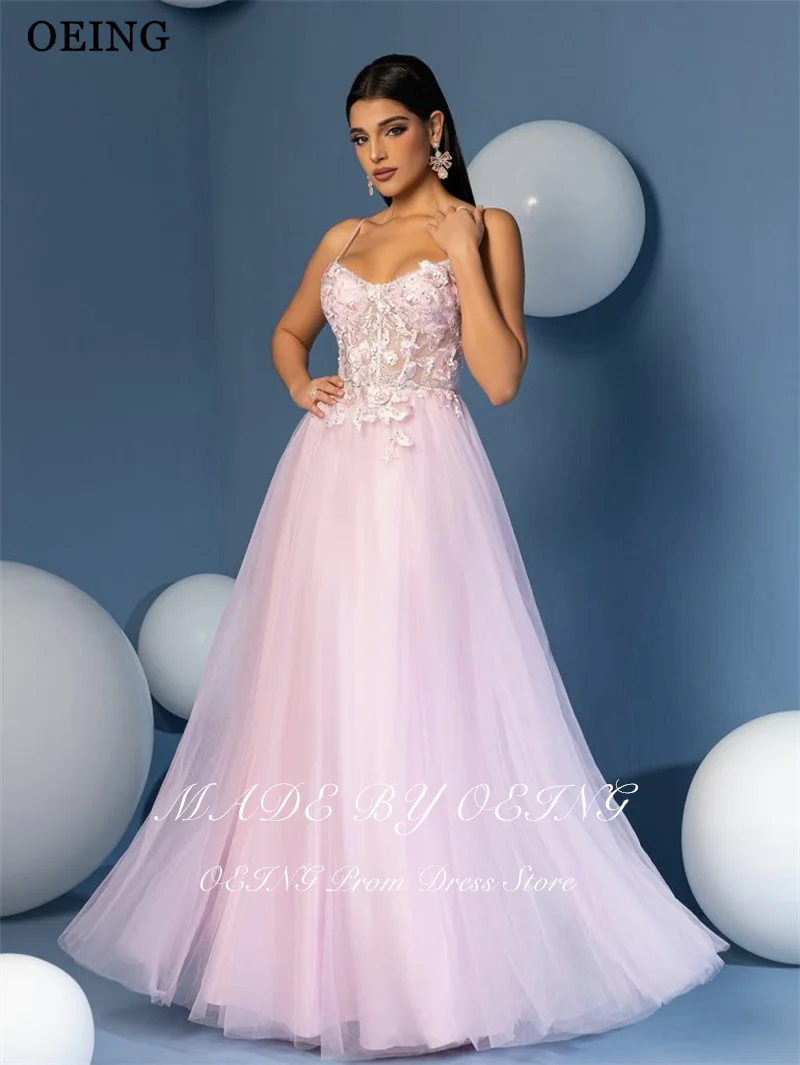 BOEING Elegantes A-Linie-Abschlussballkleid, Prinzessin, rosa, Spaghettiträger, Applikationen, drapiert, bodenlang, Gala-Partykleid, individuell gestaltet