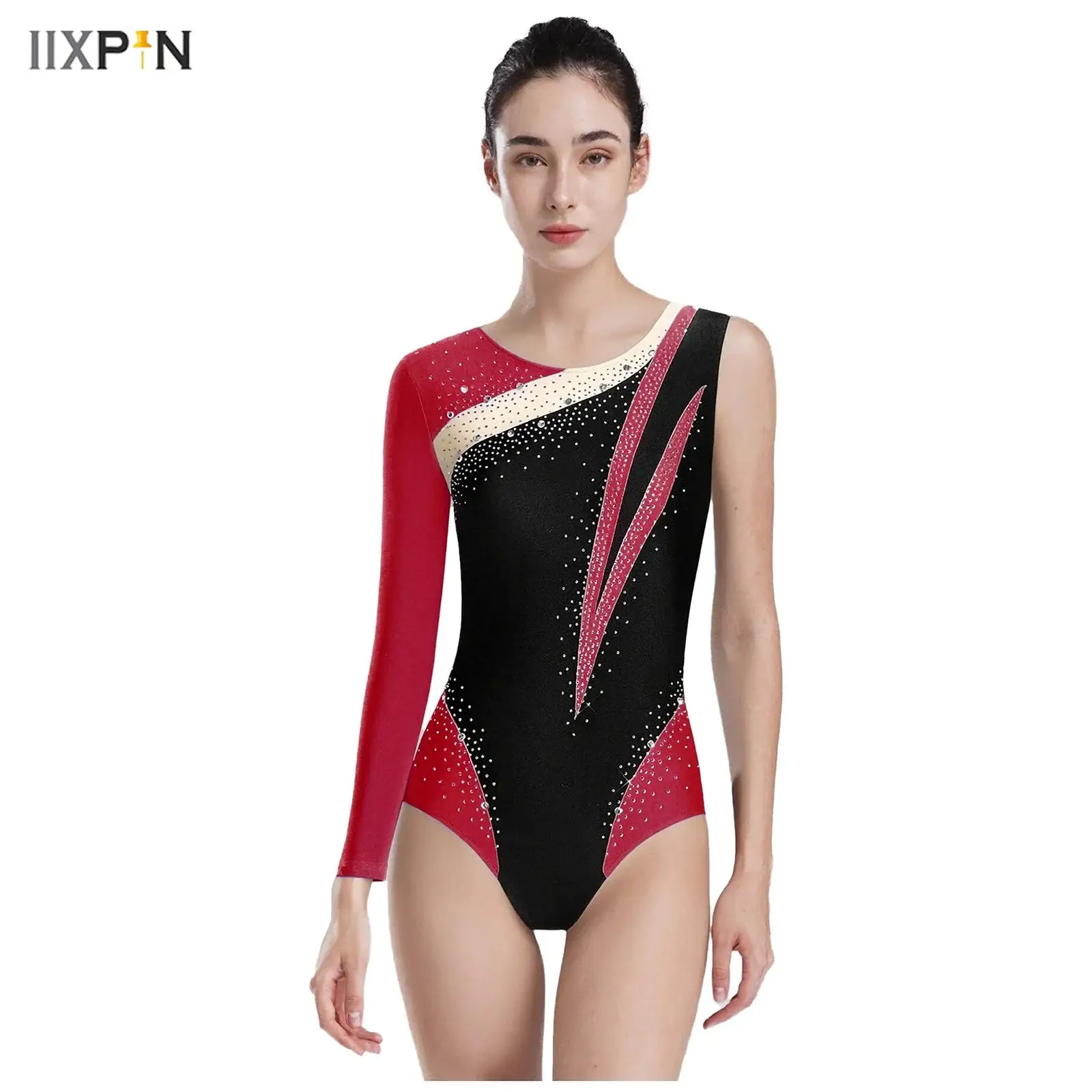 

Womens Gymnastics Leotard Long Sleeve Glittery Color Blocking Asymmetrical Bodysuit Activewear for Figure Skating Ballet Dance