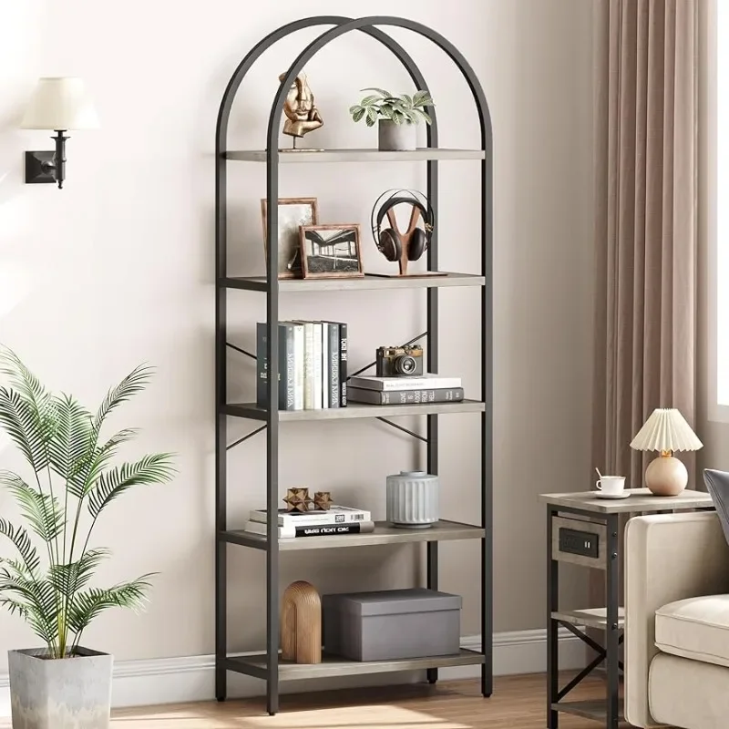 

Oein Bookshelf 5 Tier Bookcase Arched Display Racks Tall Standing Bookshelves Metal Frame Grey Book Shelf for Home Office