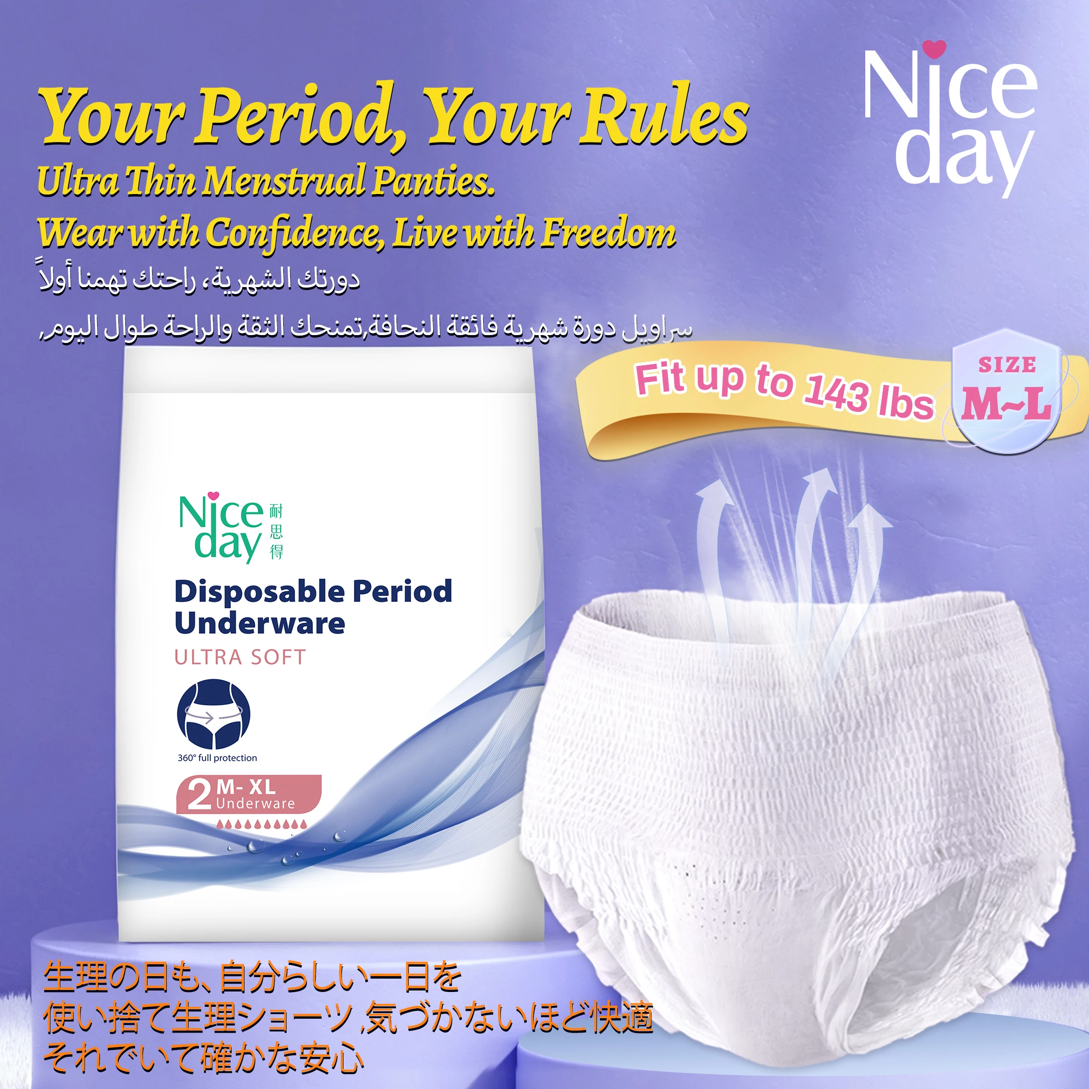 Niceday Menstrual Panties, Ultra-Thin Period Panties, Ultra-Soft Sanitary Pads for Night Use, Absorb Heavy Menstrual Flow, Prevent Side Leakage, 2 Pieces Per Pack