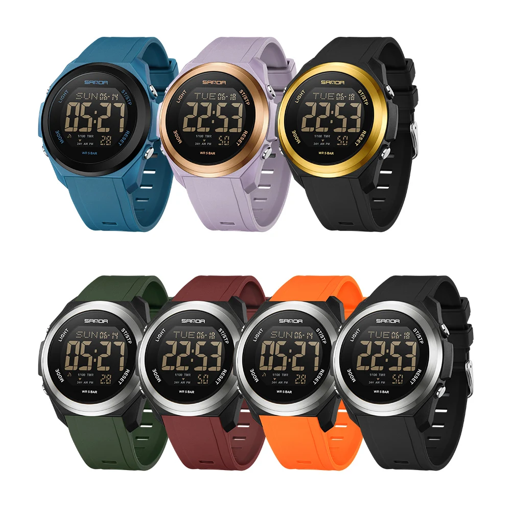 SANDA Watch Sport Digital 50M Waterproof Men LED Watches Seven Colors Back Light Alarm Clock Multifunction Wristwatch