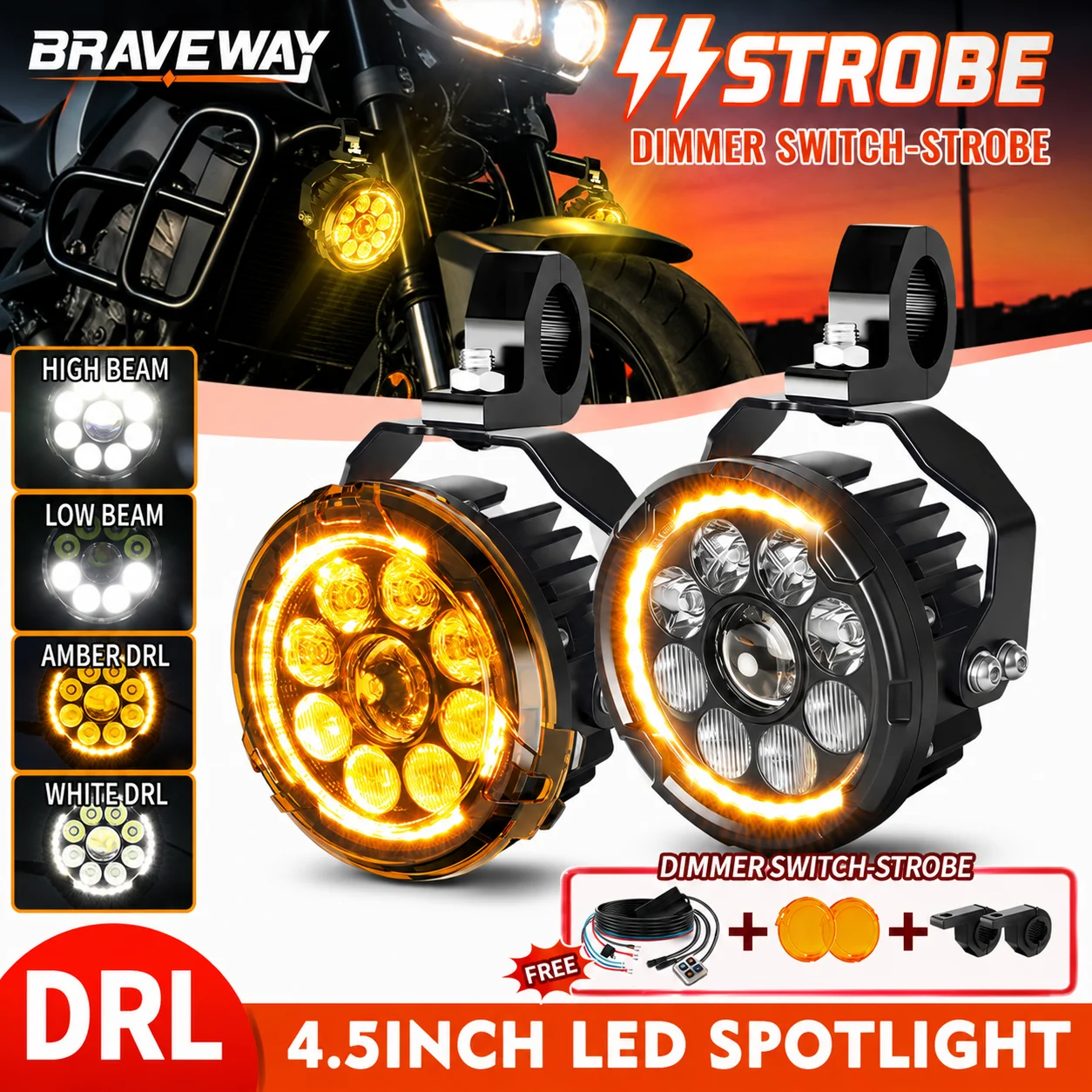 BraveWay 4,5 Zoll Motorrad-LED-Zusatzscheinwerfer Spot Flood Combo Weiß Amber DRL IP68 12-24V Fahrnebelscheinwerfer Spotlight Strobe Pod Lights mit Kabelbaum-Kit, gelbe Maske für R1250GS R1300GS KTM
