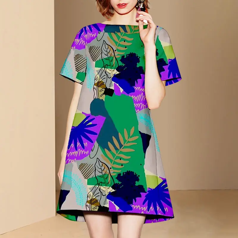 

Europe and America celebrity summer 2023 new female retro fashion short-sleeved dress October printing loose a word skirt