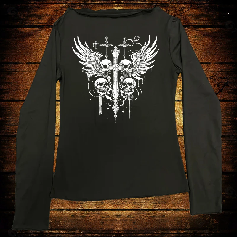 

Женская готическая уличная одежда: футболка с длинным рукавом в стиле хип-хоп, модный креативный топ с принтом в виде крыльев, винтажный стиль Y2K, эстетика Харадзюку