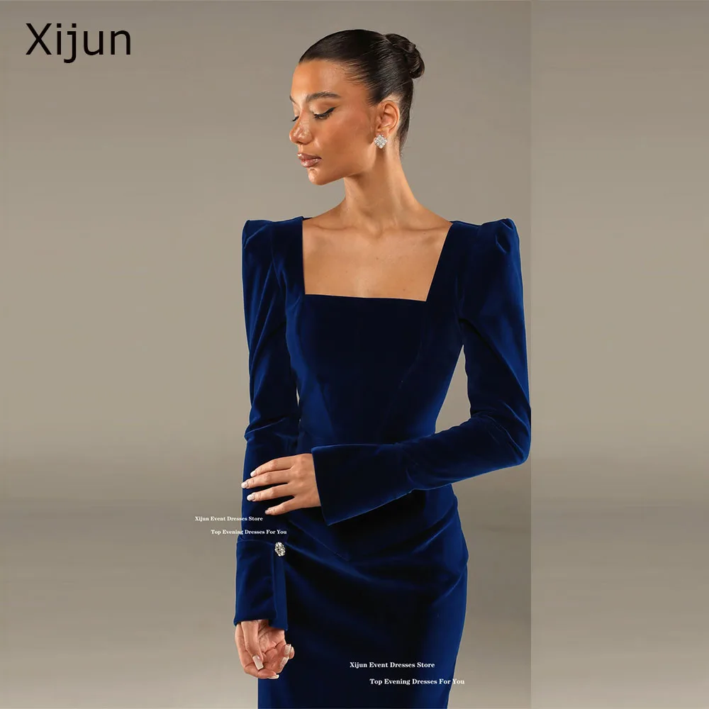 Xijun Simplr Royal Blue Velvet Evening Dresses Square Collar Long Sleeves Mermaid Prom Dresses Formal Prom Gowns Women Customize