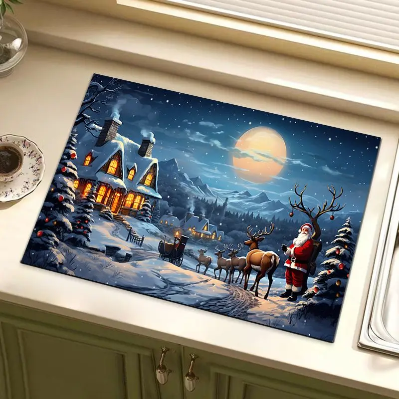 VIKAMA Christmas Winter Snow Scene Dish Rack Mat, Coffee Maker Absorbent Quick-Dry Mat, Kitchen Countertop Home Decor
