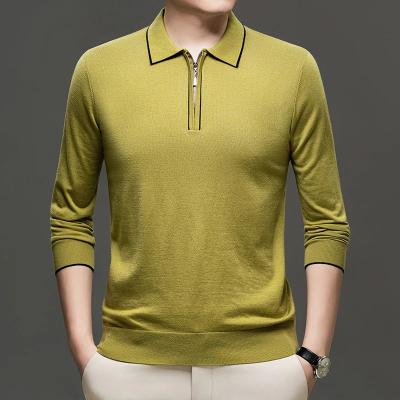Silk Wool Men Knit T-shirt High Quality Spring Thin Long Sleeve Knitwear Male Turn Down Collar Jumper Pullover Zipper Tops