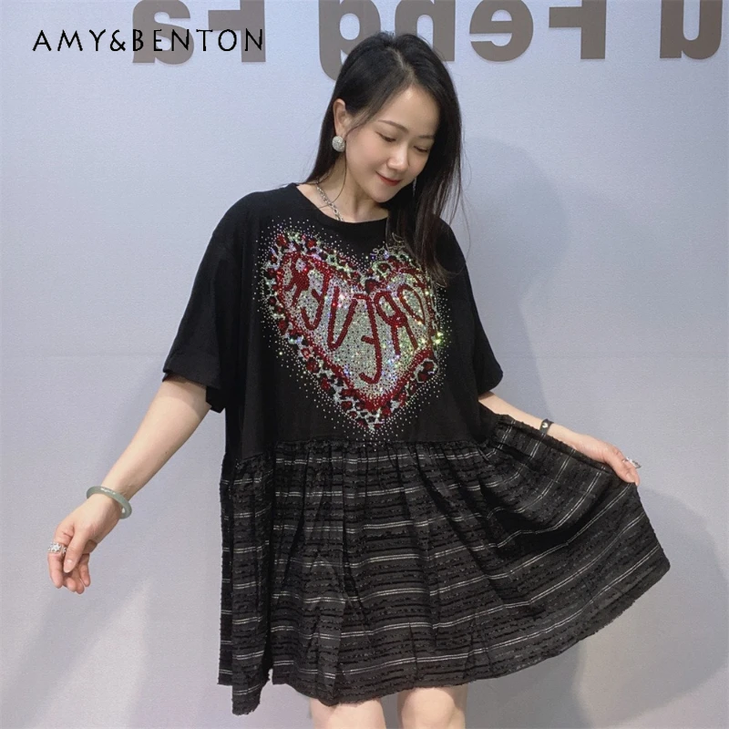 

Diamond Drills Black Doll Shirt Short Sleeved T-shirt Oversized Women's Summer New Loose Round Neck Tops Tshirts Pullover Shirt