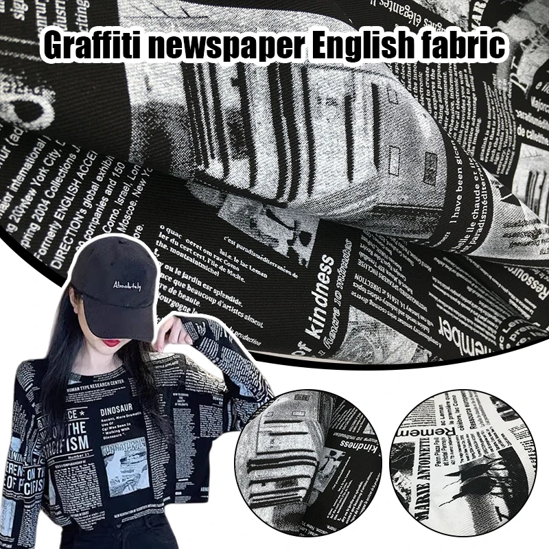 

100X150 см винтажная ретро черно-белая бумага газета граффити хлопковая джинсовая саржевая ткань для DIY шитье куртка пиджак рубашка брюки