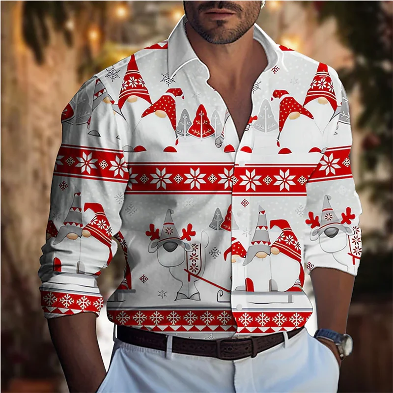 Camisa con estampado 3D para hombre, traje de manga larga con solapa y botones, ropa informal de moda, regalo de Navidad, 2024