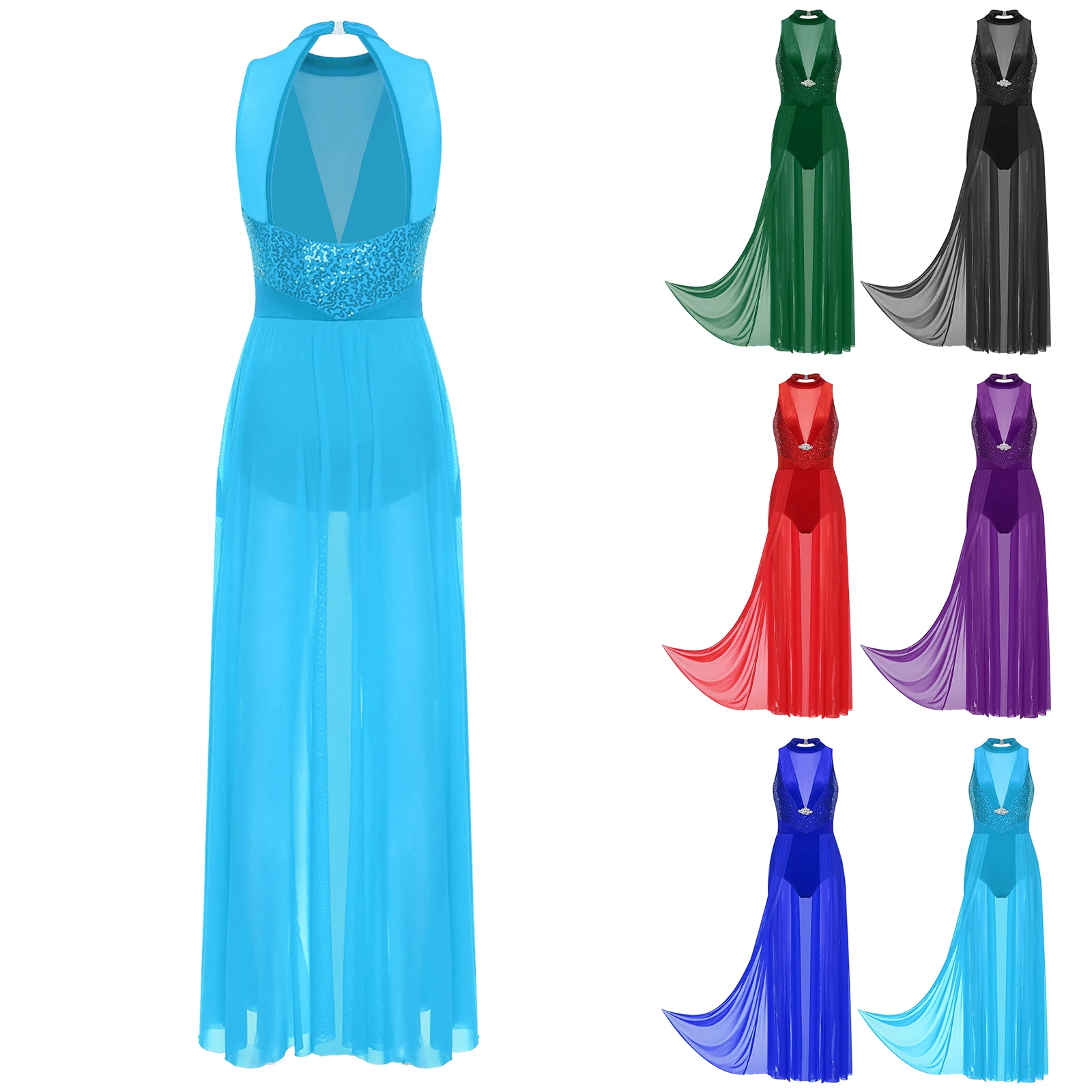 المرأة فستان رقص غنائي الحديثة المعاصرة ملابس رقص الترتر الرسن أكمام فستان ماكسي الباليه الجمباز يوتار فستان