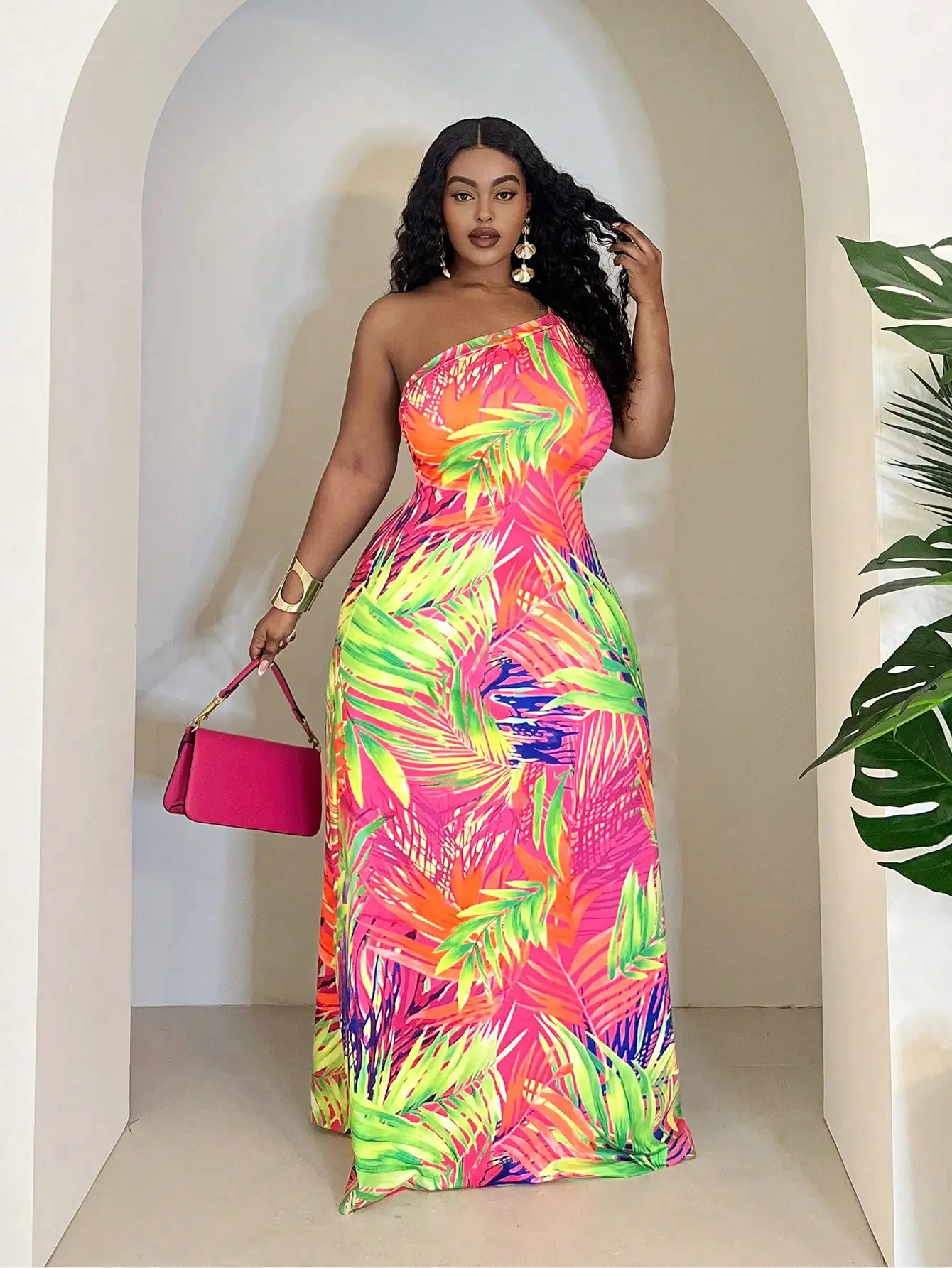 

Plus Size One Shoulder Tropical Print Maxi Dress for Summer Beach Party or Festival