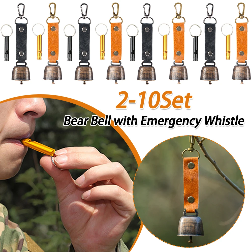 2-10Set Loud Bear Bell with Whistle Set with Magnetic Silencer Hanging Bear Bell for Outdoor Camping Survival Hiking Climbing