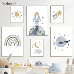 Blue Planet Art Painting Spaceship Posters Star Moon Wall Pictures Rainbow Nursery Wall Posters Baby Room Poster Boys Room Decor