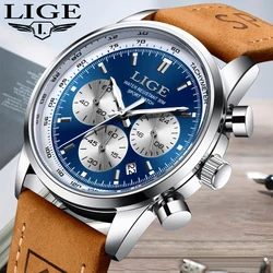 LIGE Fashion Waterproof Chronograph Luminous Watch For Men Leather Men Quartz Wristwatches Top Brand Luxury Sport Men Watch