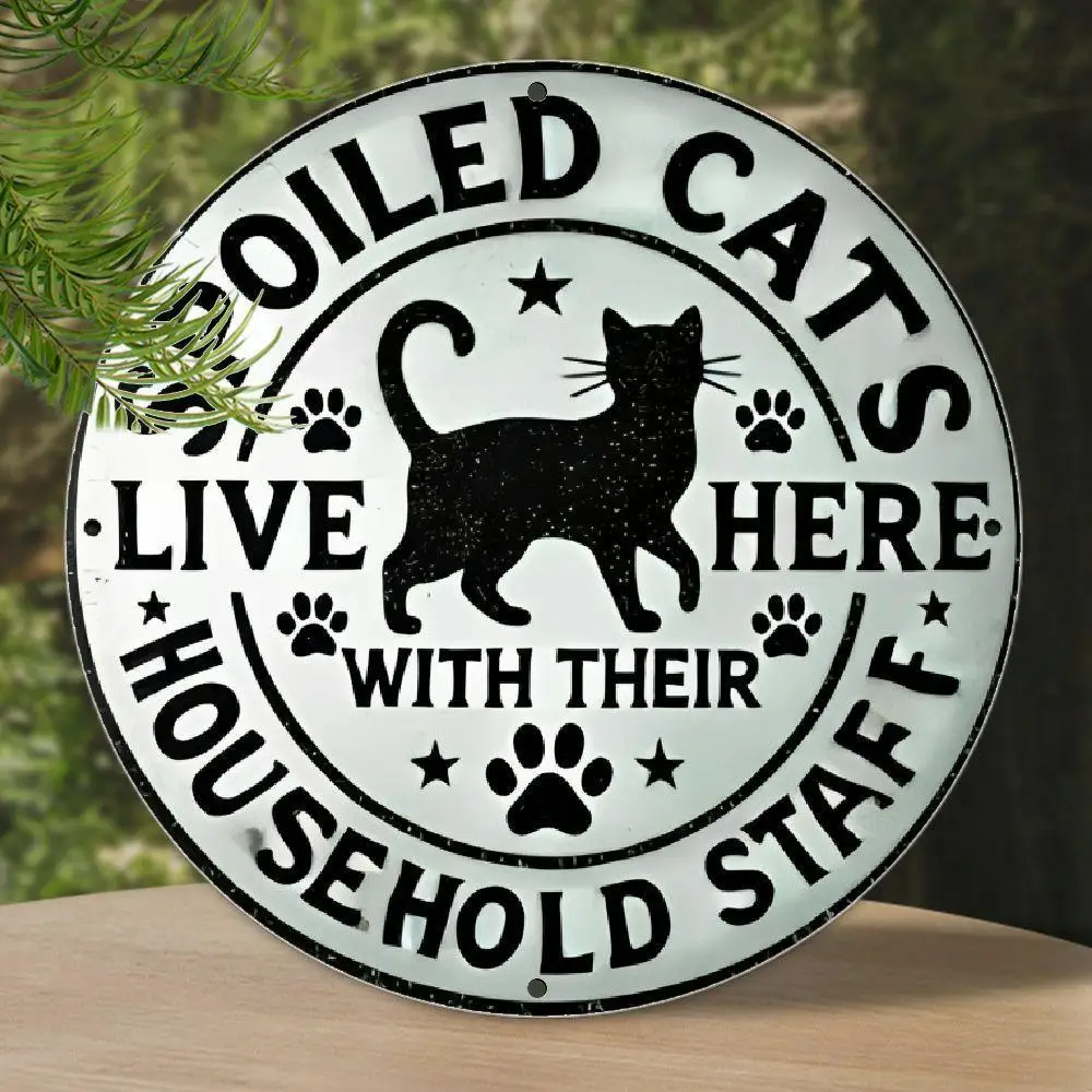 Letrero de metal de aluminio duradero único de 8.0 x 8.0 in, 1 unidad de gatos estrazados viven aquí con su personal del hogar, arte de pared, fácil de colgar, Ide