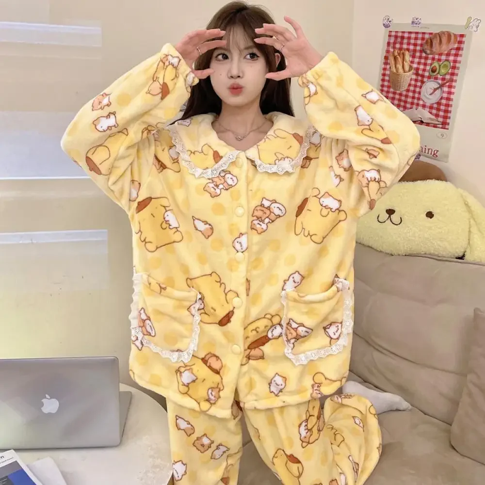 New Anime Pompompurin Women 2Pcs Plush Pajamas Suit Sanrio Kawaii Hello Kitty Winter Coral Fleece Loungewear Cute Warm Homewear