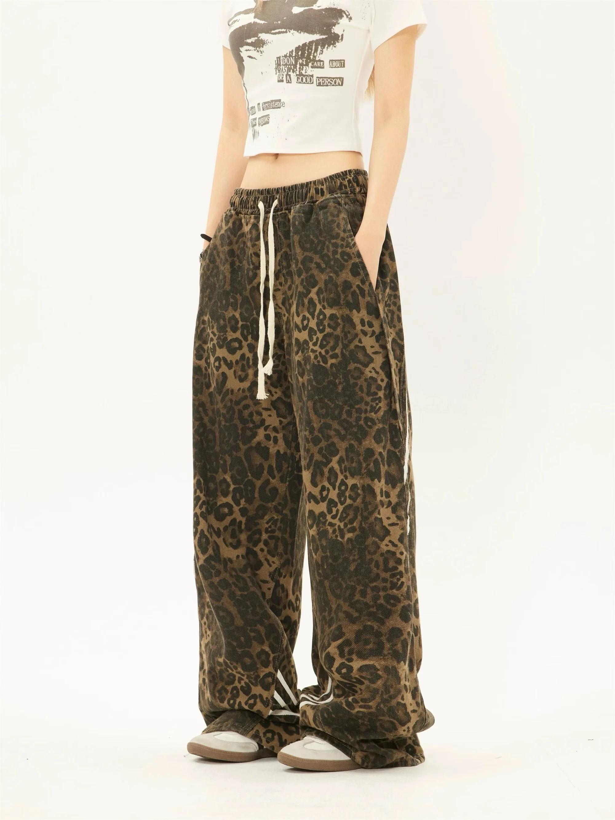 Women\'s Side Spliced Striped Leopard Print Straight Pants Trendy Street American fashion Casual Loose Trousers 2024 Autumn Chic