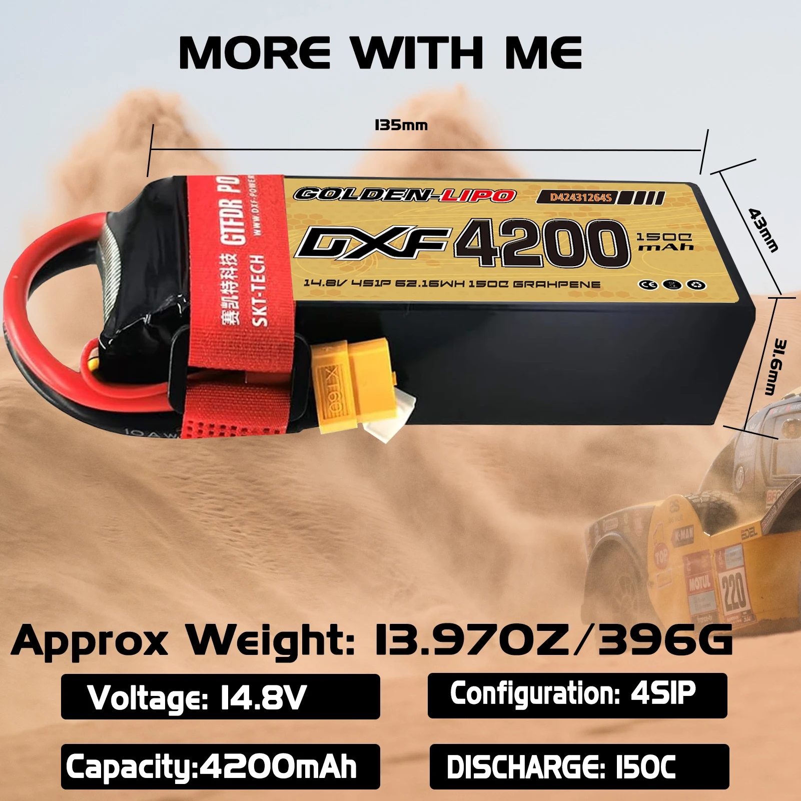 Akumulator DXF 4S Lipo 4200mAh 14.8V 150C z wtyczką XT60, obudowa z twardego tworzywa, do samochodów RC, buggy, truggy, pojazdów terenowych, łodzi, ciężarówek, samolotów, dronów, wyścigów.