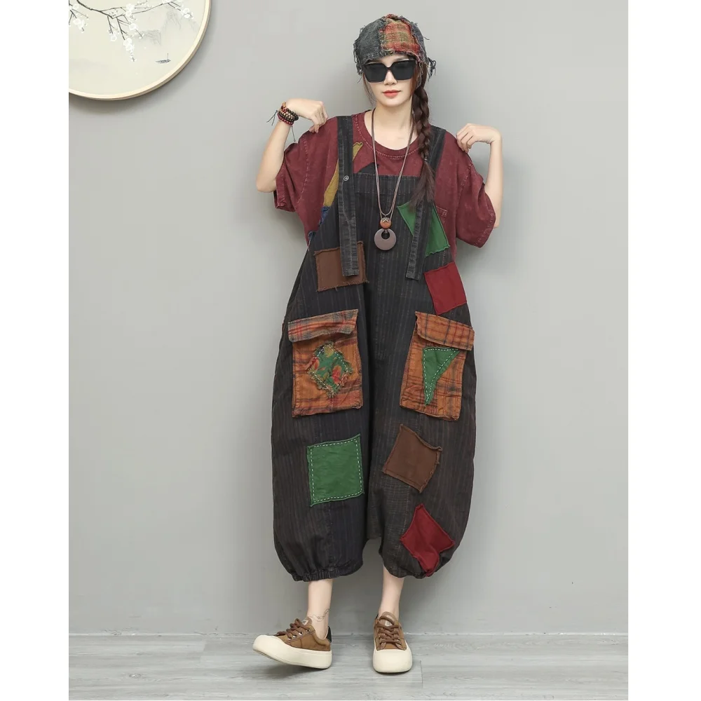 Unique Niche Style Distressed Vintage Fabric Patchwork Overalls Women High-wais…