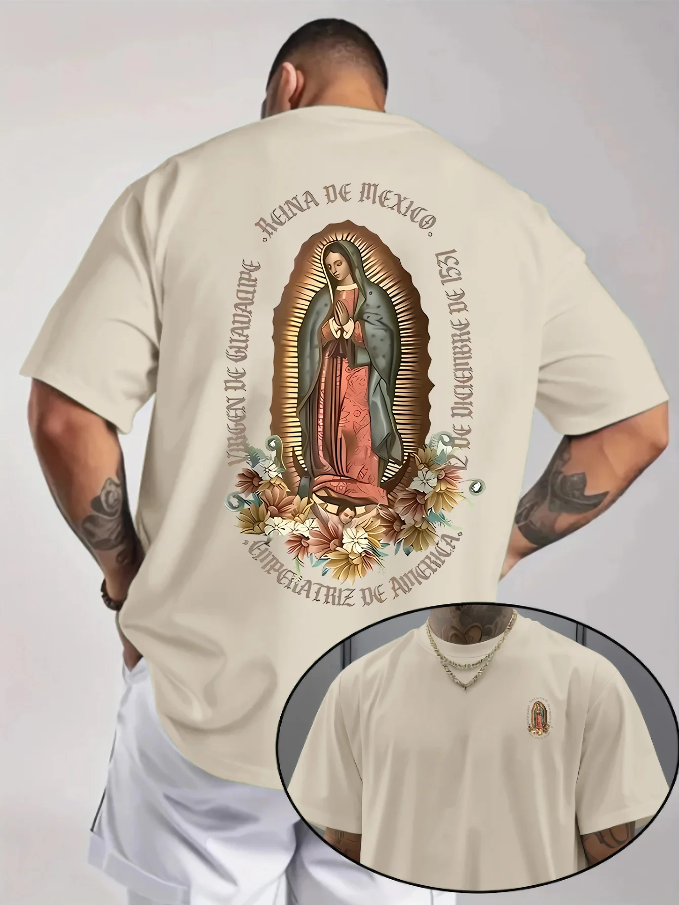 Camiseta religiosa masculina com estampa floral de Nossa Senhora de Guadalupe, adequada para uso diário no verão e ocasiões especiais