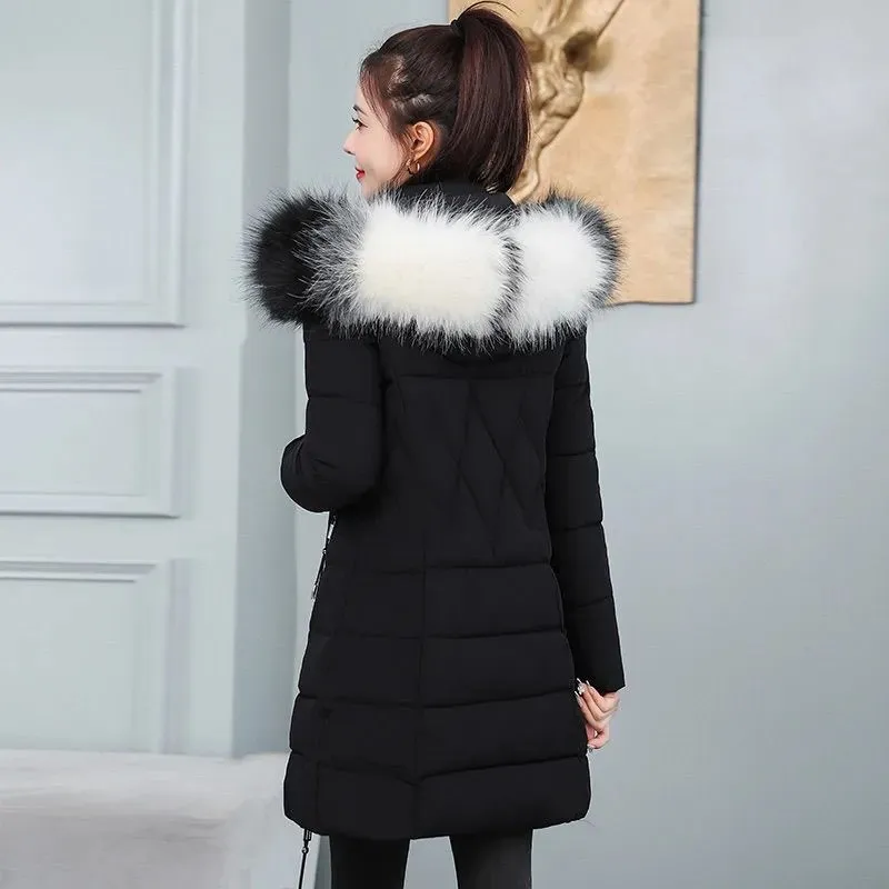 New Slim Long Winter Jackets Fashion Women Cotton Padded Parkas Stand Hooded Detachable Fur Collar Solid Female Casual Coat 2024