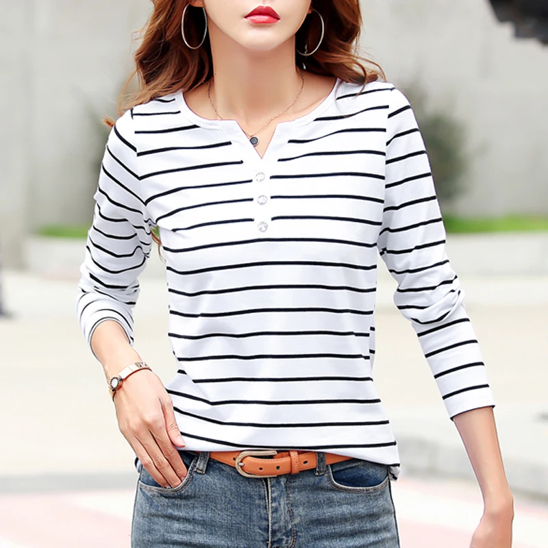 Autumn Female Clothing Casual Cotton T-Shirt  Women 2023 Spring Long Sleeve Striped Fashion Tops Tee Lady V-neck T-Shirt 7215 50