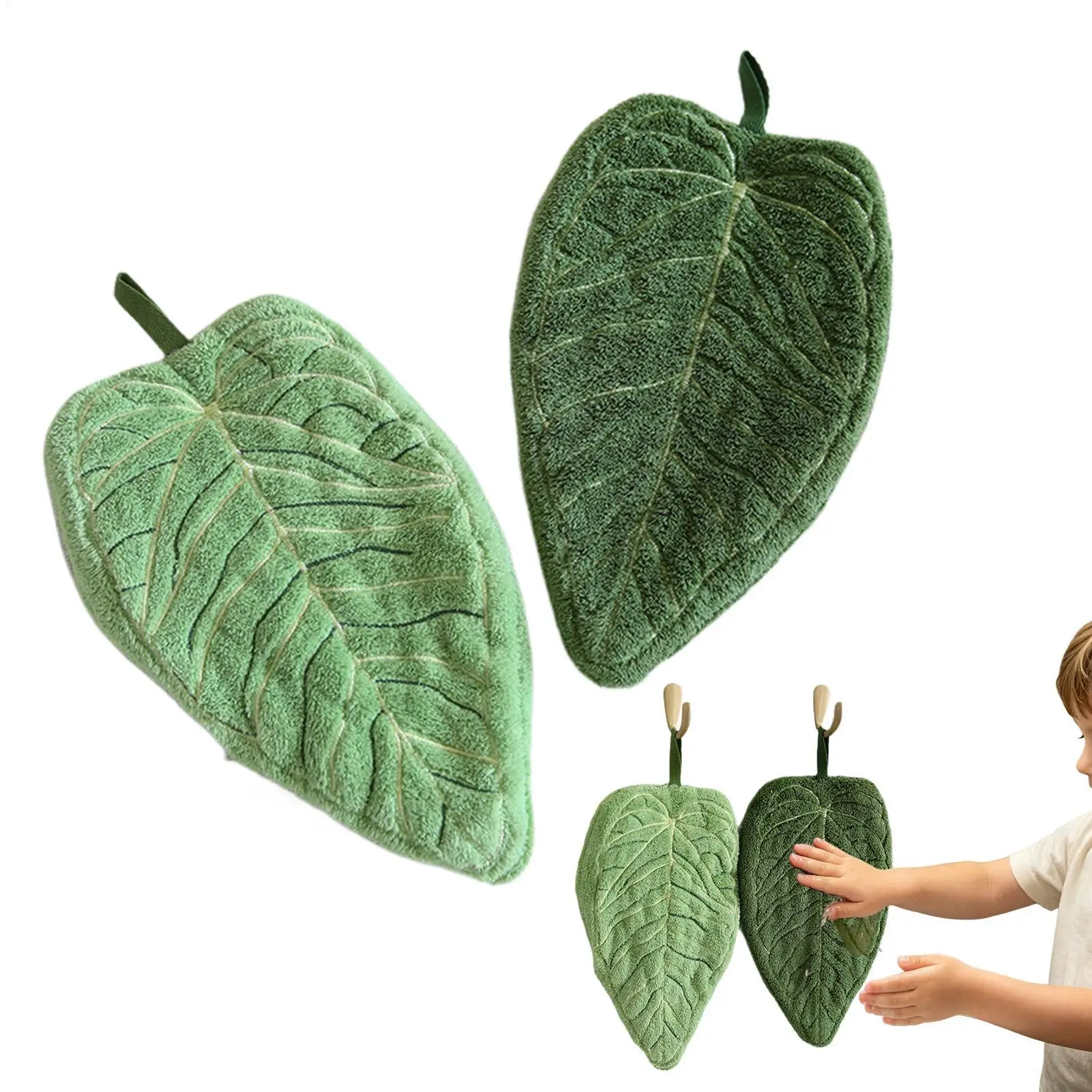 2Pcs Leaves Hand Towels Absorbent Kitchen Handkerchief Kitchen Accessories Bathroom Hands Towel Wall Hanging Kitchen Towels