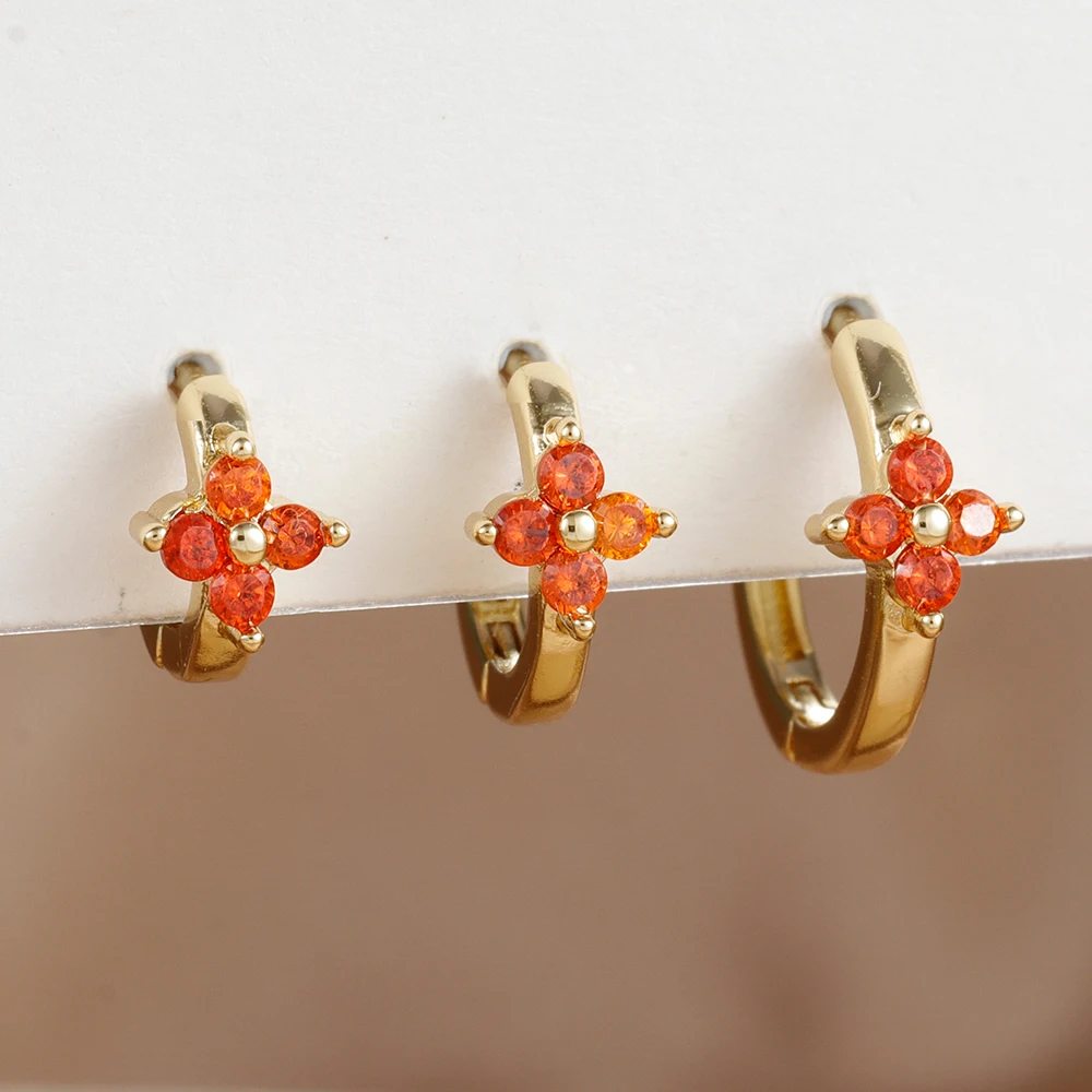 여성용 원형 꽃 후프 귀걸이 세트, 스테인리스 스틸, 4 개의 지르콘, 오렌지 후프, 허기 피어싱 쥬얼리, 3 개 사이즈, 신제품