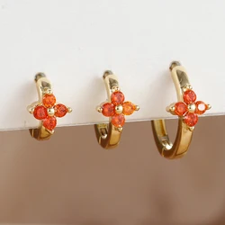 3PCS New Three Size Circle Flower Hoop Earring Set for Women Stainless Steel Four Zircon Orange Hoops Huggie Piercing Jewelry