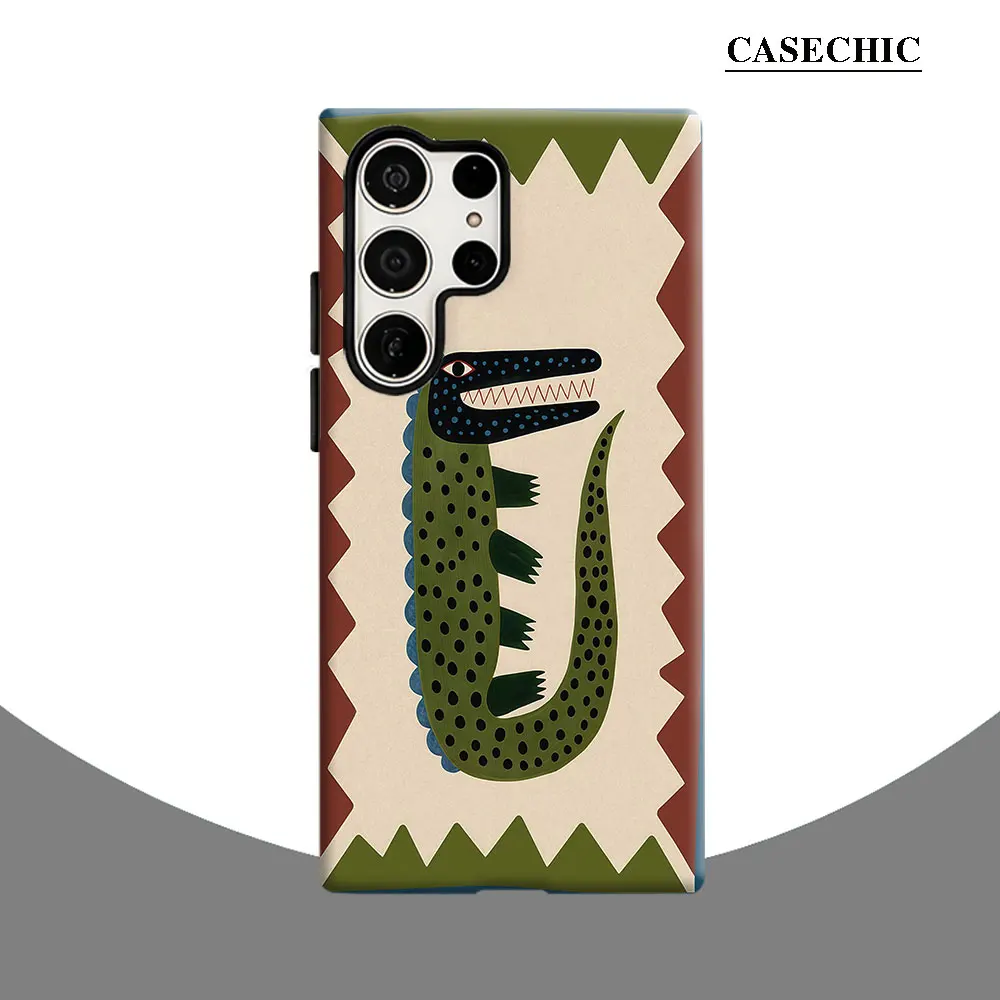 Boho Crocodile Folk Art Phone Case for Samsung Galaxy S26 S25 Ultra S24 S23 Ultra Plus Shockproof Double layer tough Back Cover