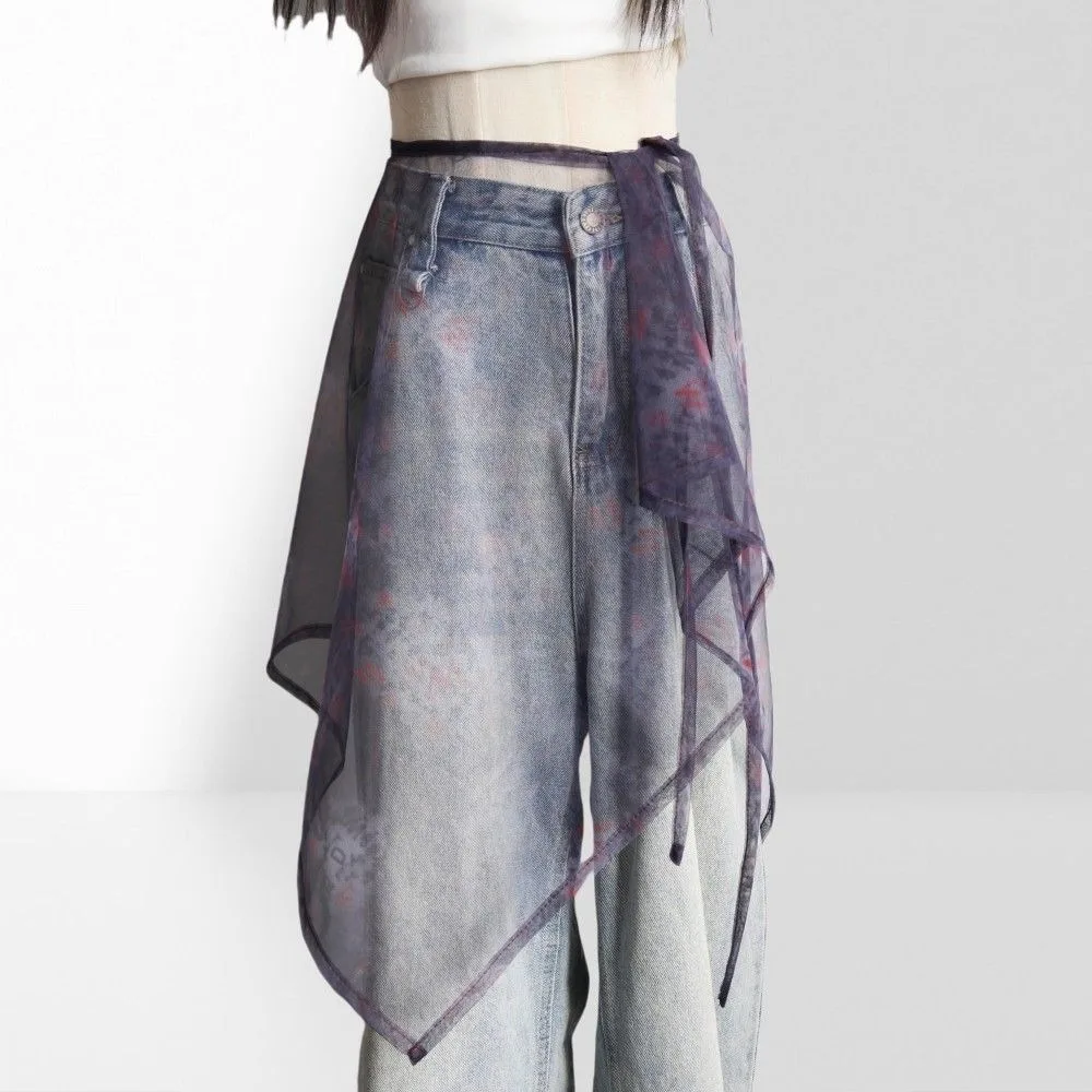 High Waist Lace Midi Skirt See Through Y2K Streetwear Lace Drawstring Skirt Harajuku Side Slit Lace Long Skirt Hip Scarf