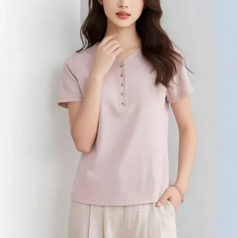 Camiseta Henley de Algodón Pima para Mujer, Cuello Henley, Botones, Manga Corta, Transpirable, Corte Regular, Top Informal de Verano