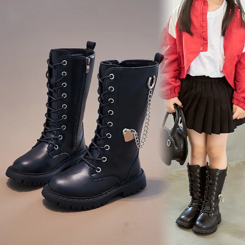 

Girls Knee-High Boots Winter Boots For Kids Beige Metal Chain Flat Non-slip Boots Girl Princess High Boots Bottes Chelsea