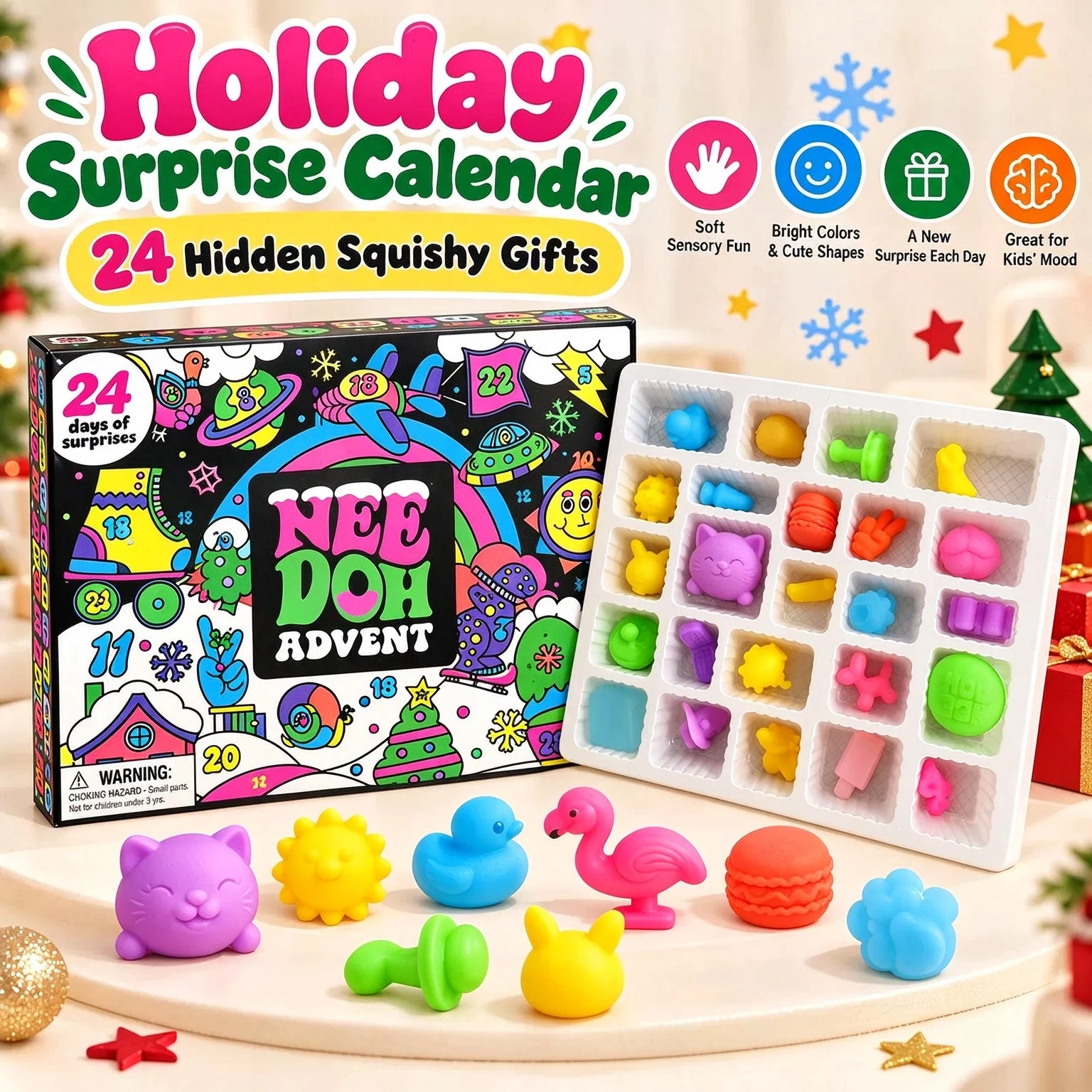 2026 Schylling NeeDoh Advent Calendar Christmas Countdown Surprise Box 3D PVC Fidget Doll Sensory Stress Relief Toy Holiday Gift