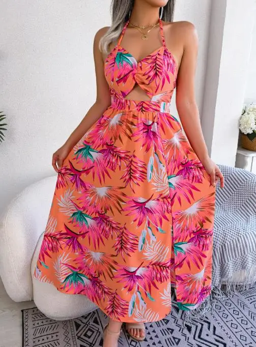 

2025 Summer Bohemia Women's Flower Hollow Out Strap Dresses New Fashion Resort Beach Style Sleeveless Dress for Women's Wear