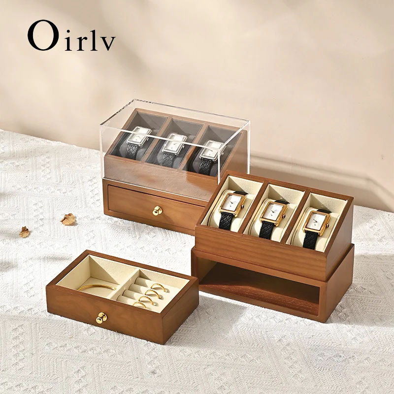 Oirlv Wooden Watch Box Double-layer Jewelry Organizer Wrist Watch Storage Box Dust-proof Transparent Cover Jewelry Display Box